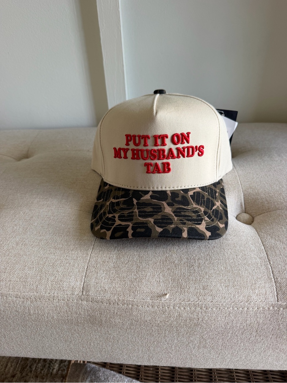C.C Beige Baseball Cap with Leopard Brim and Red Embroidery
